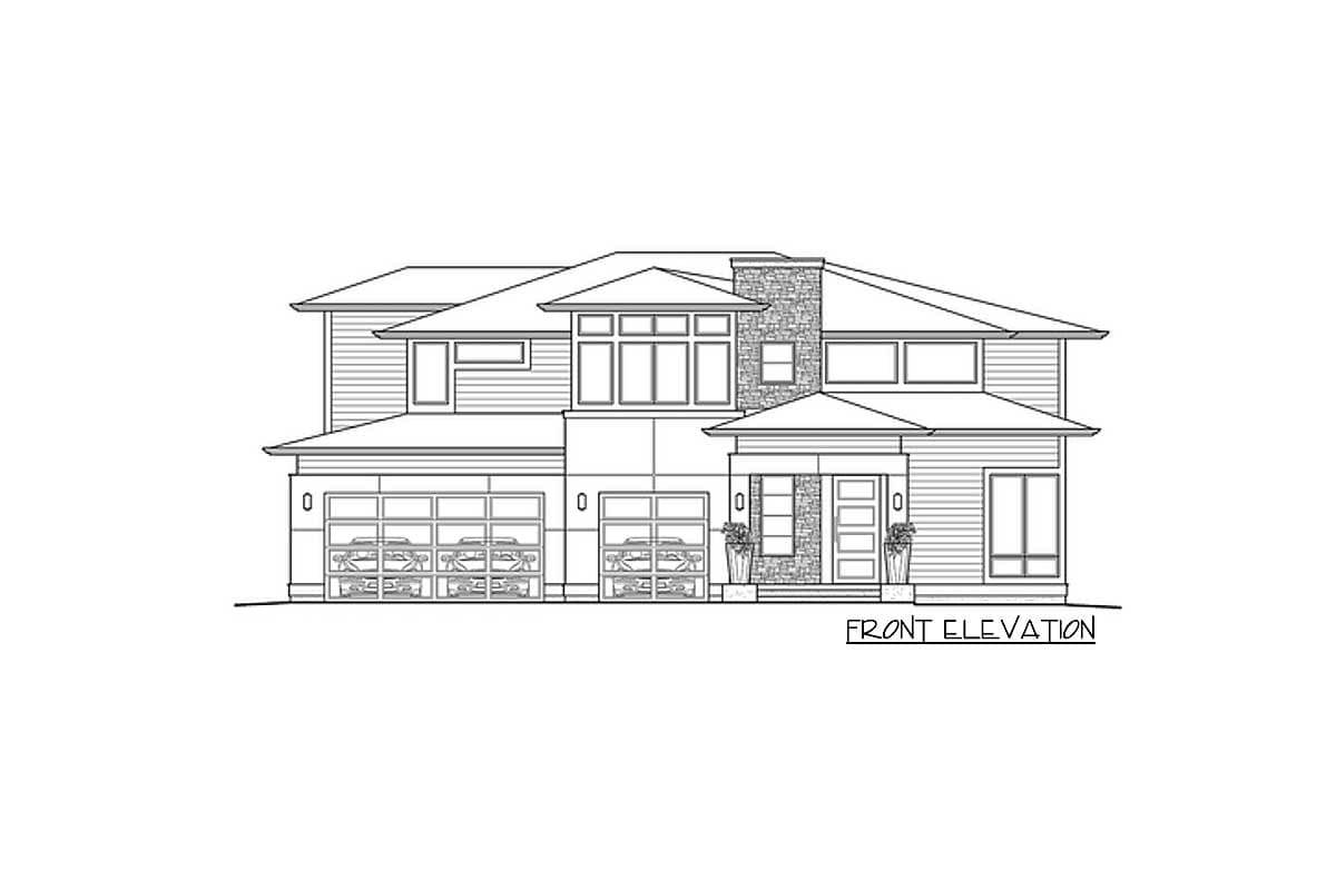 Front elevation drawing of a two-story house plan with three garage doors, a covered entry with stone accents, and multiple rooflines.