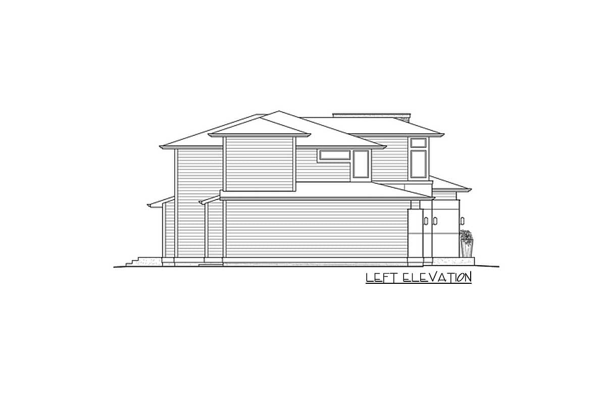 Left elevation drawing of a two-story house with horizontal siding, multiple gables, and a covered entryway.