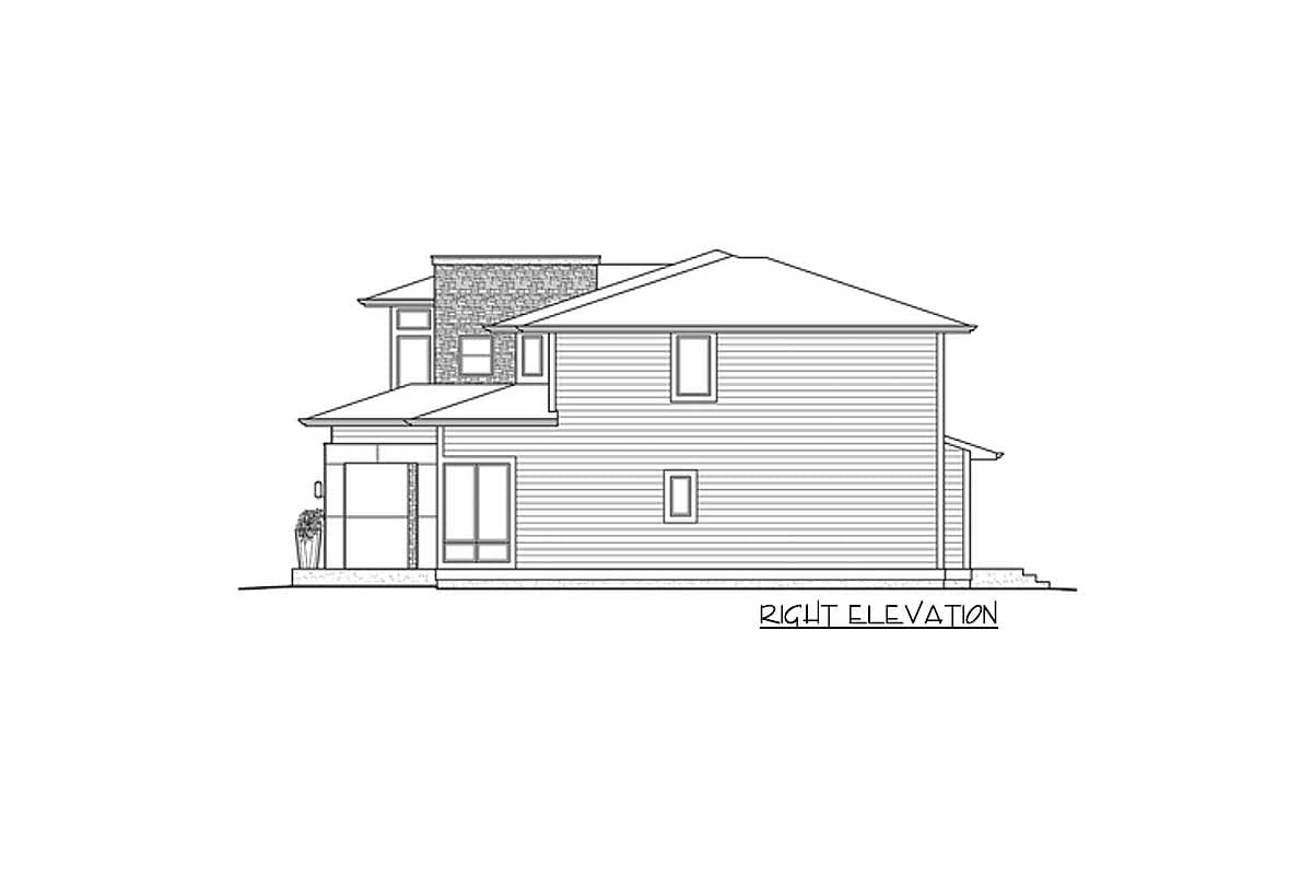 Right elevation of a two-story house plan with a covered porch, stacked stone accents, and horizontal siding.