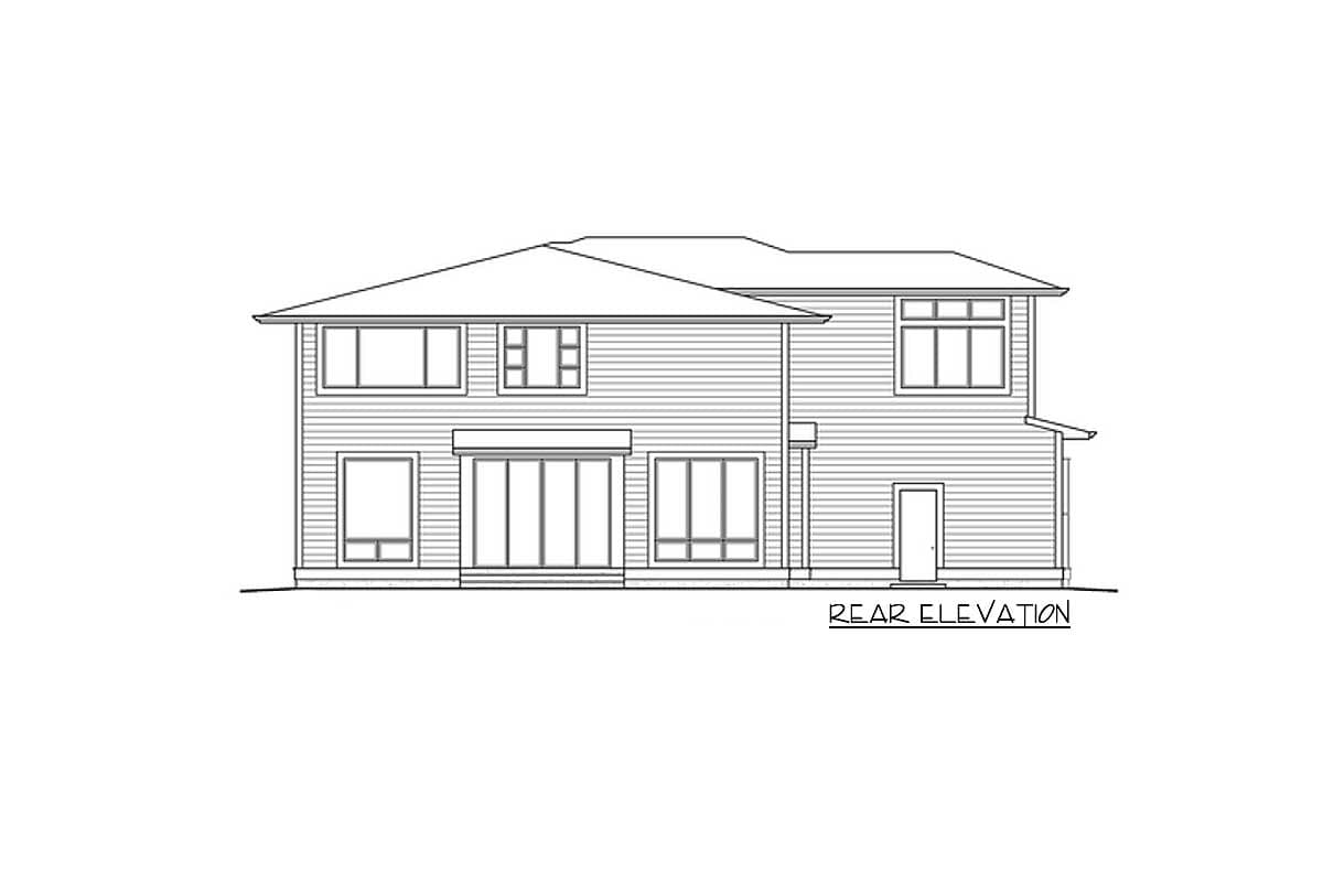 Rear elevation drawing of a two-story house plan with multiple windows, sliding doors, and a side door.