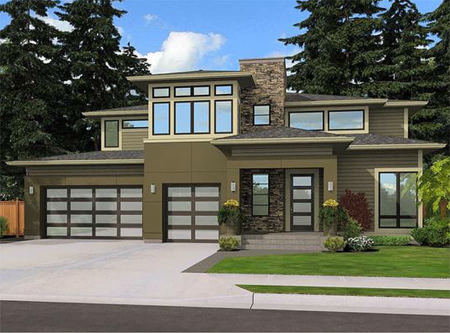 Modern house plan exterior with two garage doors, stone accents, and multi-pane windows.