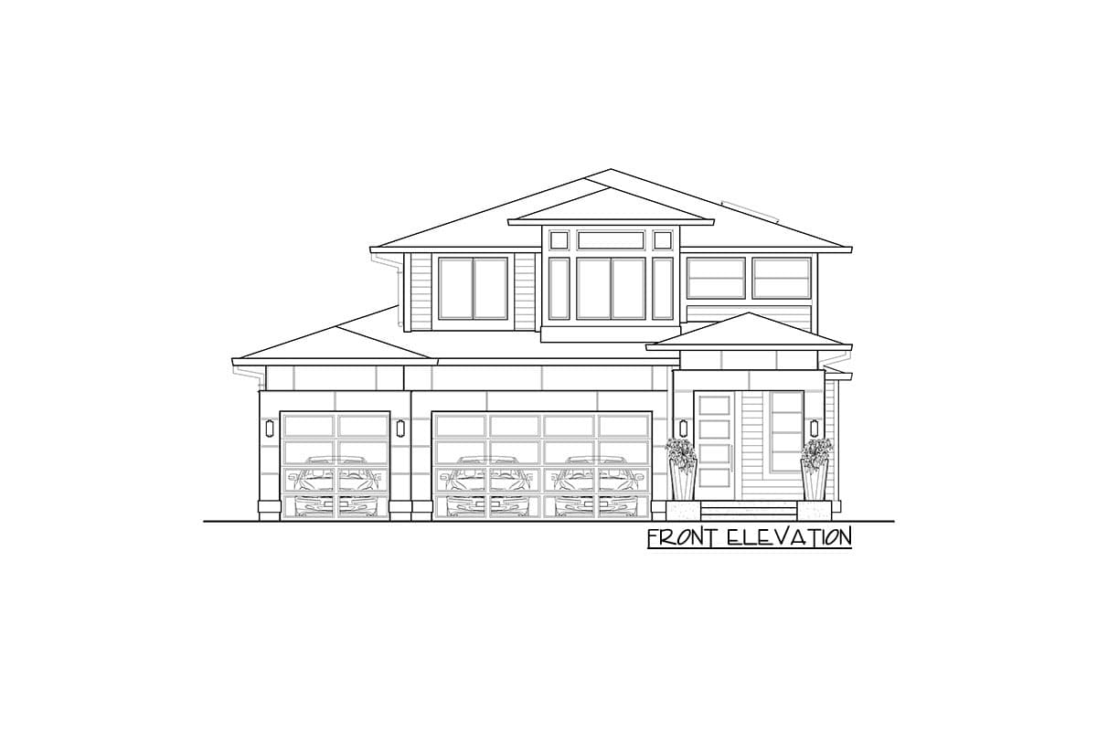 Front elevation house plan with a three-car garage, large upper windows, and a covered entryway.