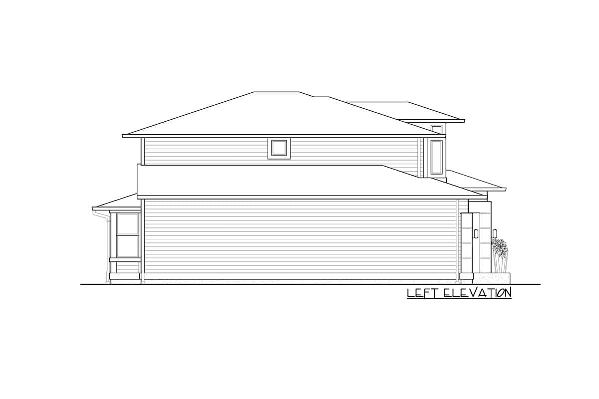 Left elevation drawing of a two-story house with horizontal siding, multiple rooflines, and a covered porch.