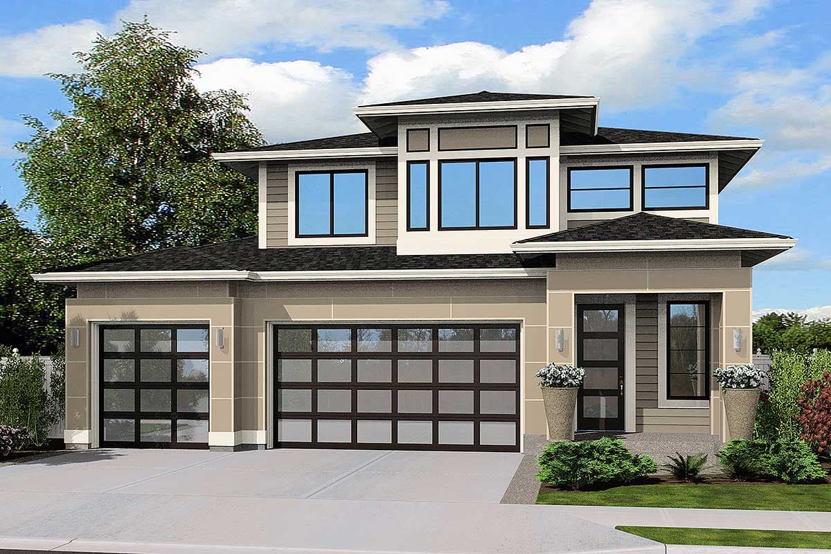 Modern house plan exterior with two-car garage, flat rooflines, and large windows.