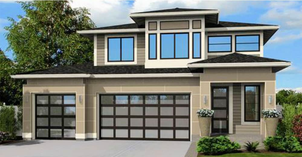 Two-story modern house plan exterior with multi-pane glass garage doors, a prominent central window section, and hip roof.