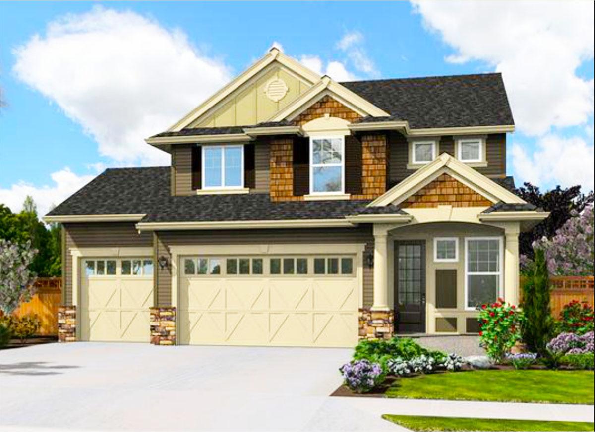 House plan exterior: Two-story home with a three-car garage, prominent gables, and covered entry with columns.