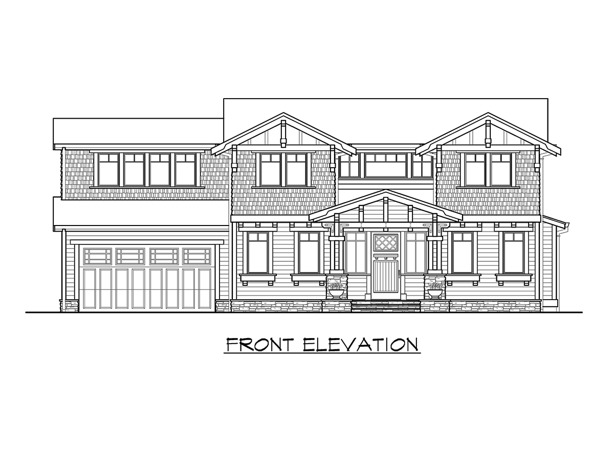 Front elevation drawing of a two-story house plan with a gable roof, covered porch, and attached garage.