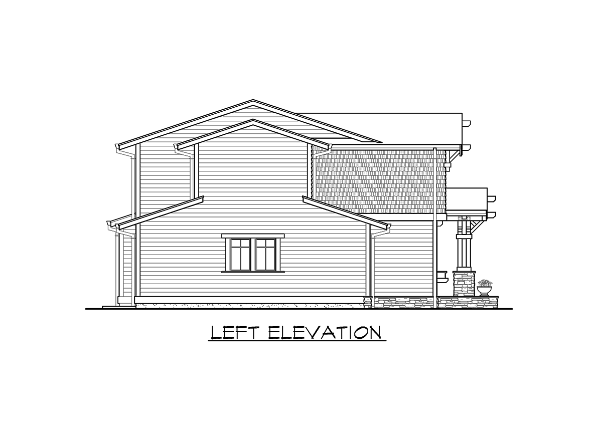 Left elevation house plan shows siding, shingle accents, a dormer, and a covered porch with stone pillar.