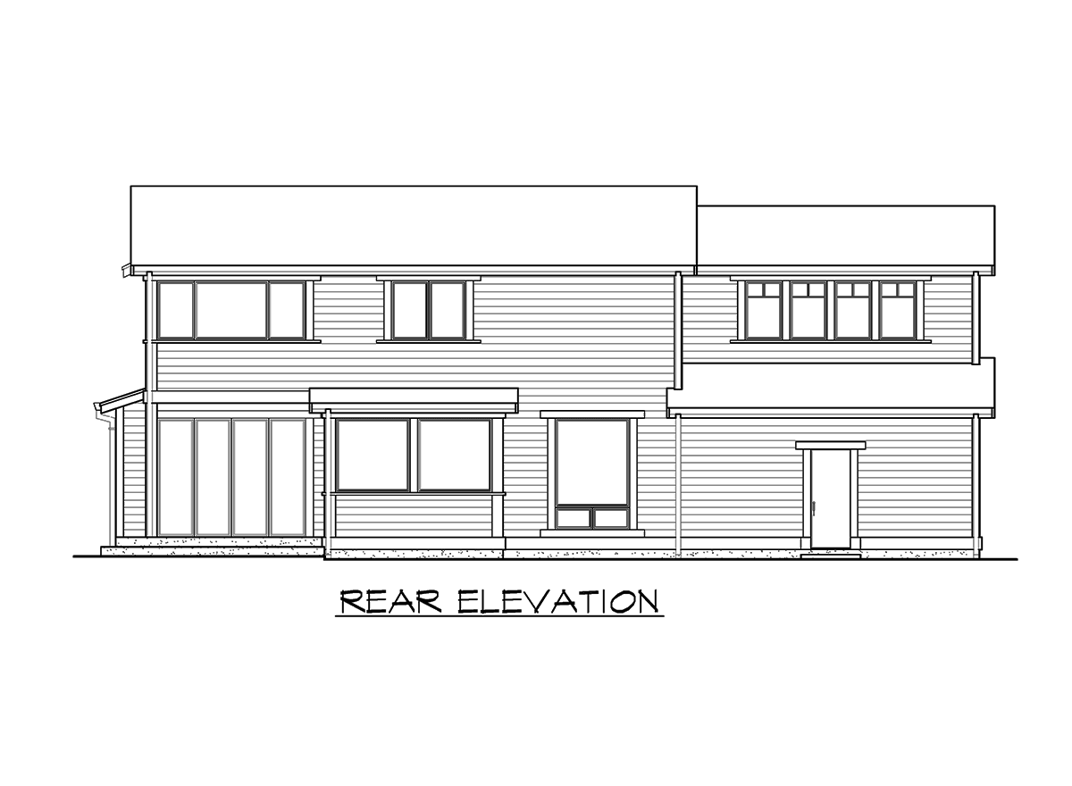 Rear elevation drawing of a two-story house with horizontal siding, multiple windows, and a door.