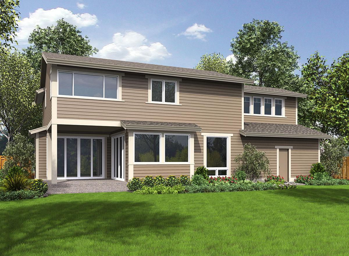 Two-story house plan exterior with horizontal siding, large windows, a covered patio with sliding glass doors, and a detached garage.