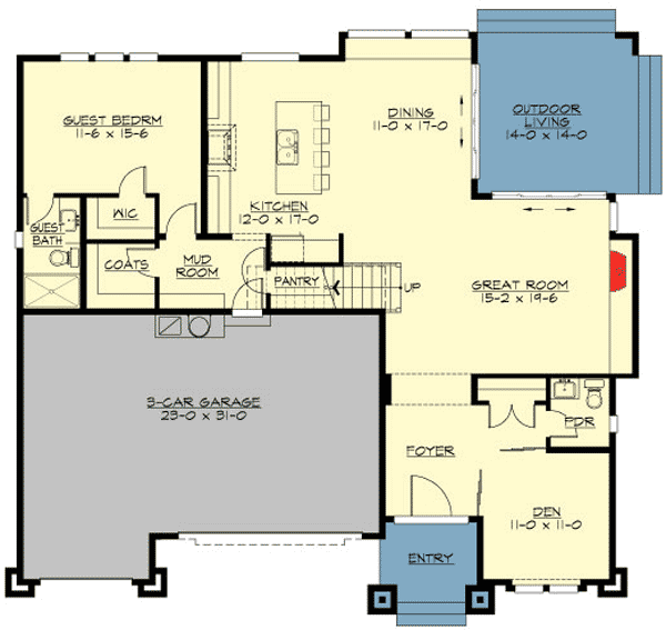Plan 23538JD: 4-Bed Prairie Influence House Plan With Guest Bed on Main - 2970 Sq Ft - Floor Plan - Main Level - Modern, Northwest, Prairie