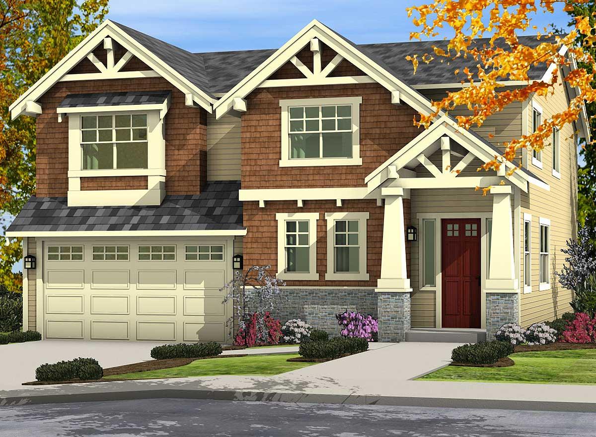 House plan exterior: Two-story home with a gabled roof, wide garage, stone accents, and covered entry with decorative beams.