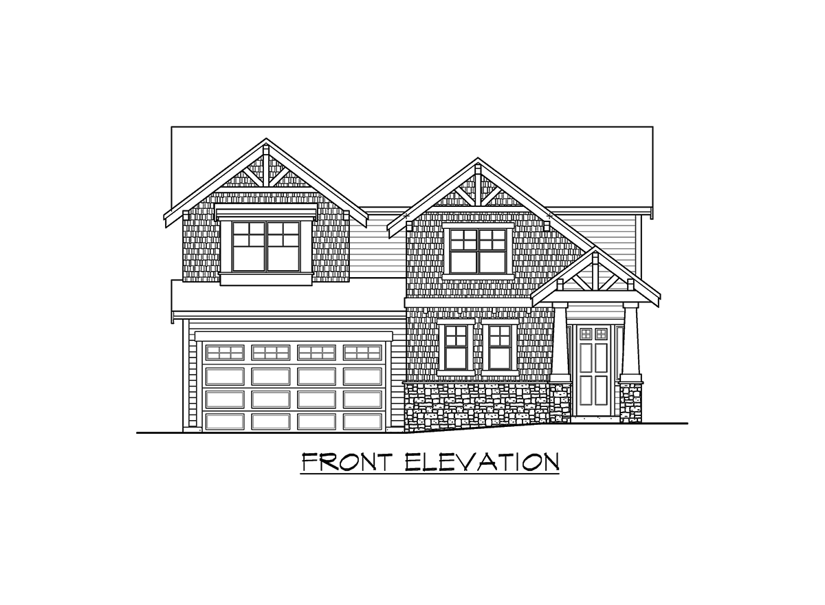 Front elevation drawing of a two-story house plan with gable dormers, shingle siding, stone accents, and a two-car garage.