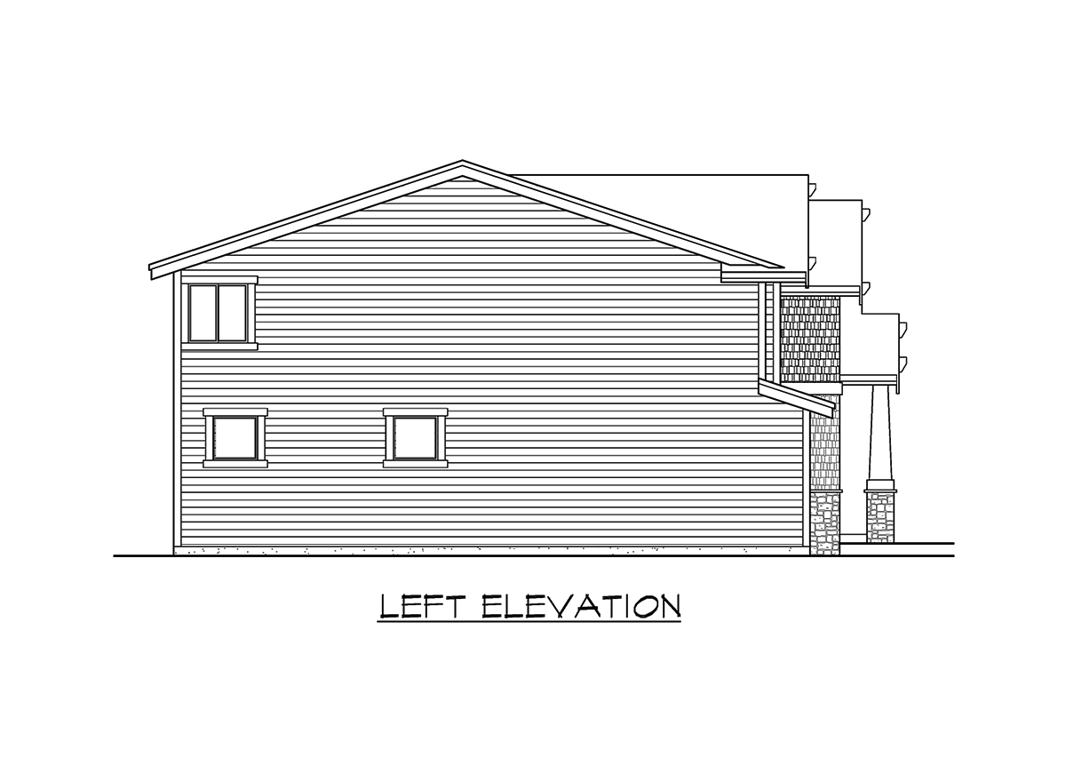 Left elevation of a house plan showing horizontal siding, stacked windows, and a stone-accented covered porch.