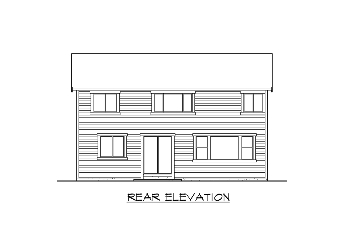 Rear elevation of a two-story house plan with horizontal siding, double doors, and multiple double-hung windows.