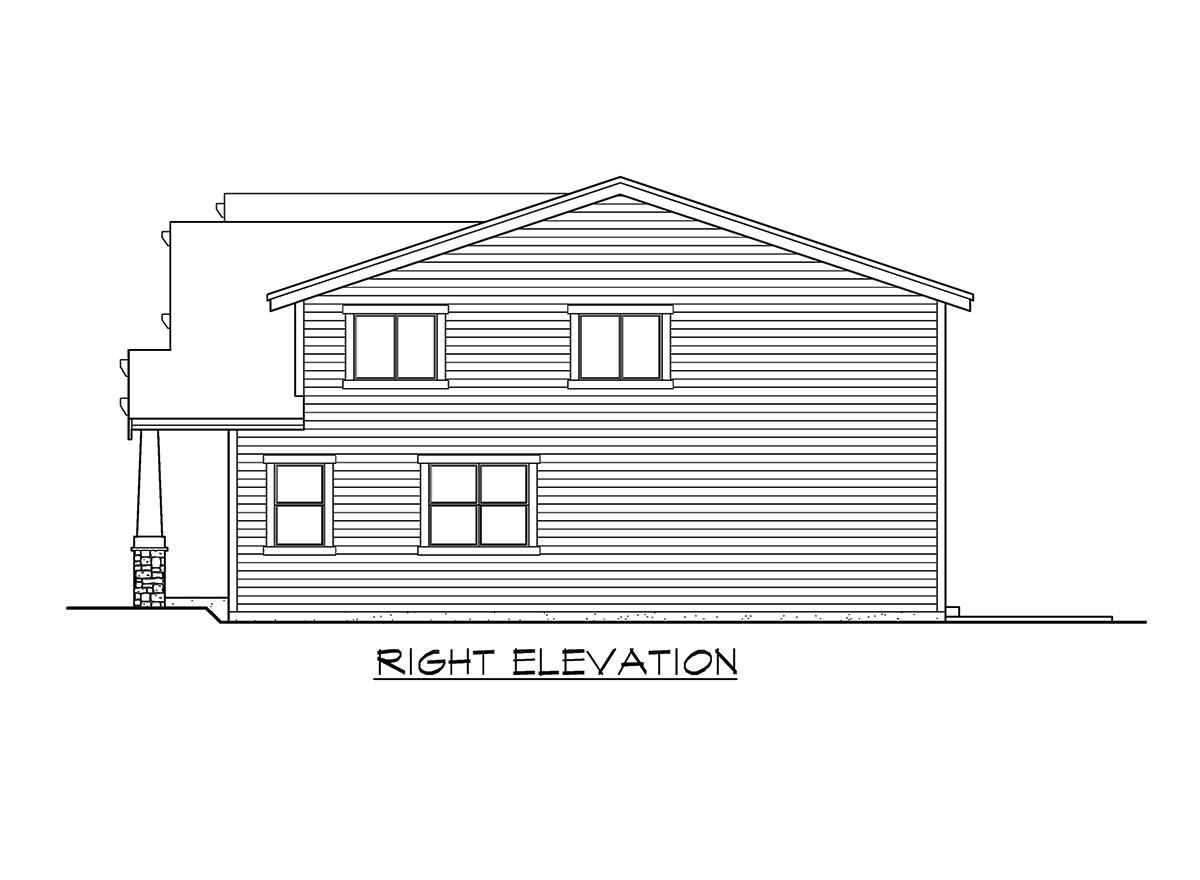 Right elevation of a two-story house plan with horizontal siding, gabled roof, and a covered porch with stone pillar.