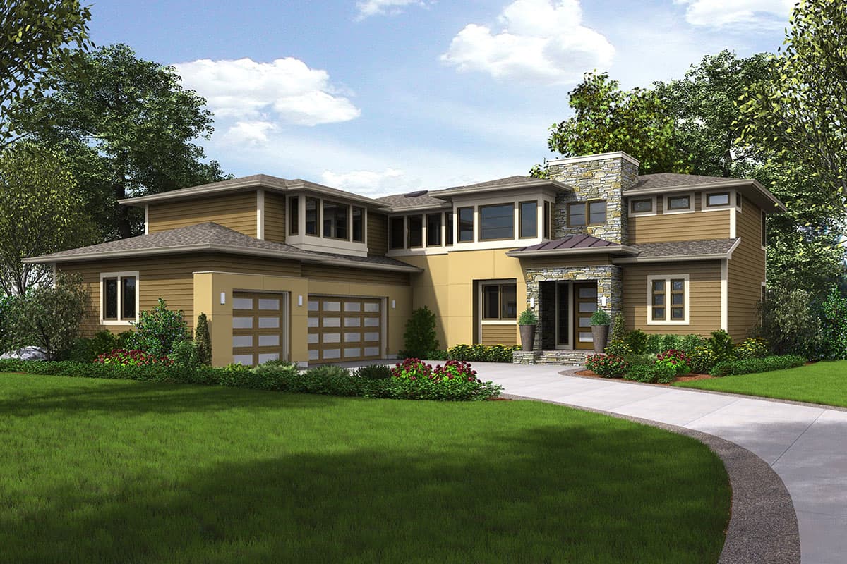 Modern house plan exterior with a multi-level roofline, stone accents, a two-car garage with glass doors, and extensive windows.