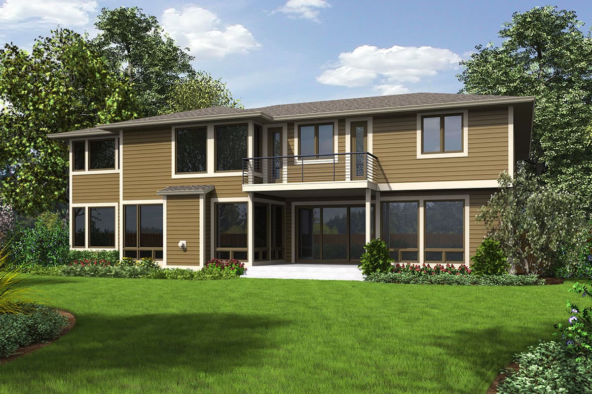 Two-story house plan exterior with horizontal siding, a second-story balcony, and large ground-floor windows.