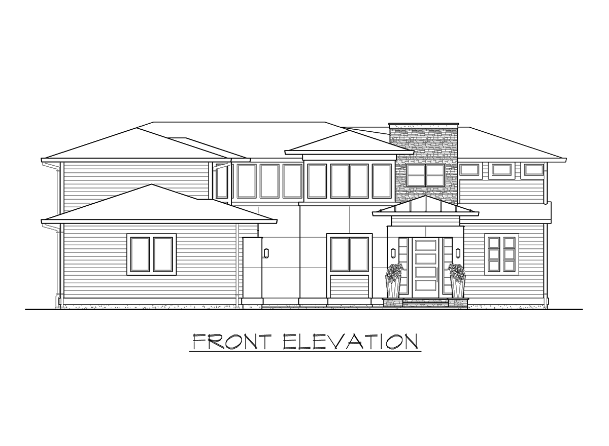 Front elevation drawing of a two-story house with modern rooflines, stone facade accents, and a covered entryway.