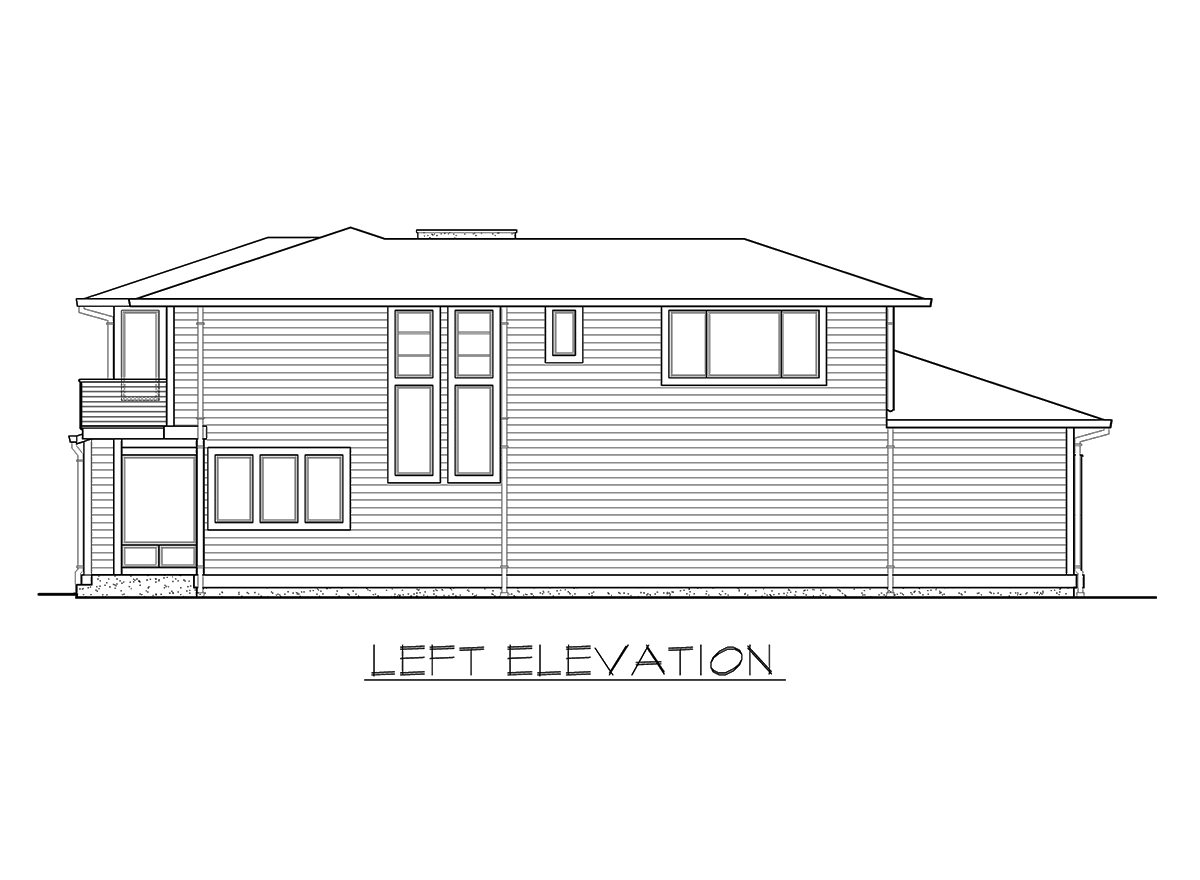 Left elevation house plan showing a two-story structure with horizontal siding, multiple window styles, and a balcony.