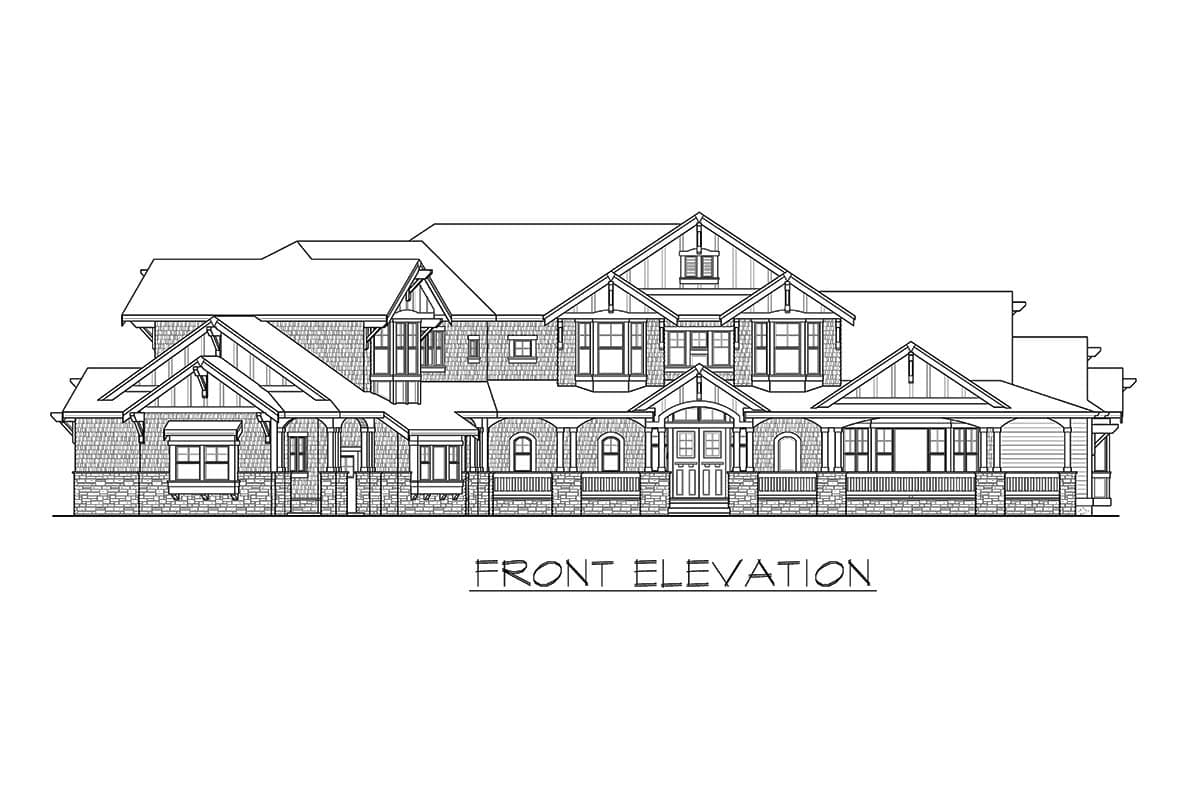 Front elevation drawing of a two-story house plan with gables, dormers, and a covered front porch.