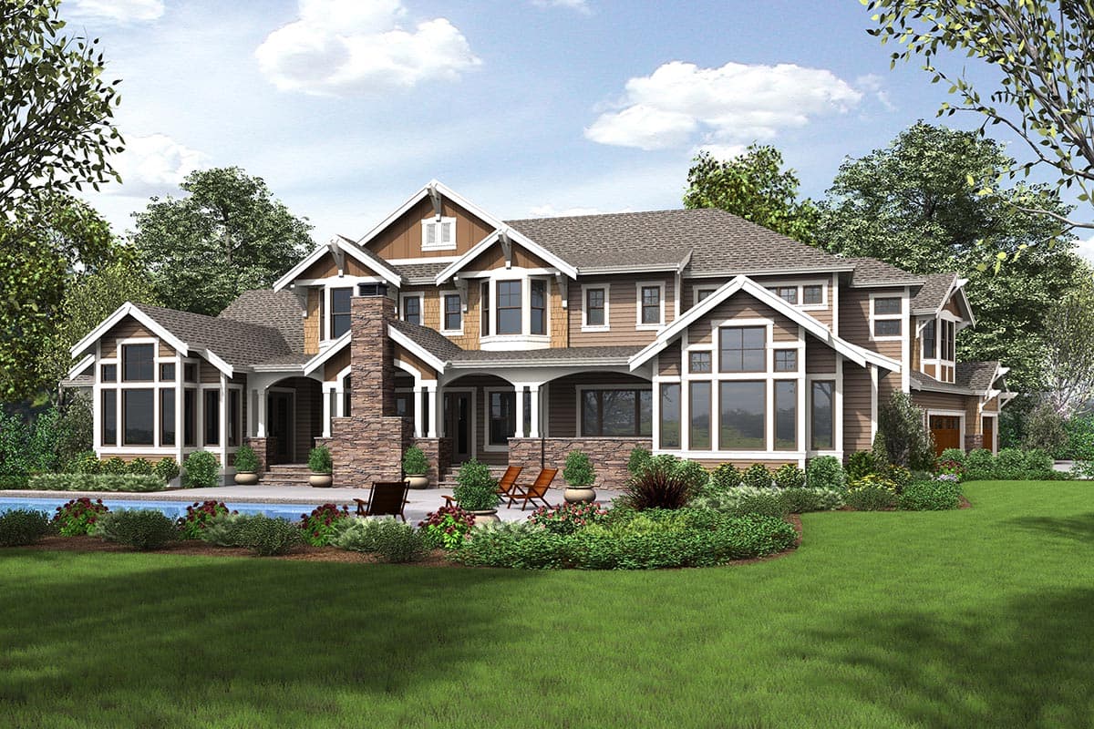 Craftsman style house plan exterior with multiple gables, stone chimney, and large multi-pane windows.
