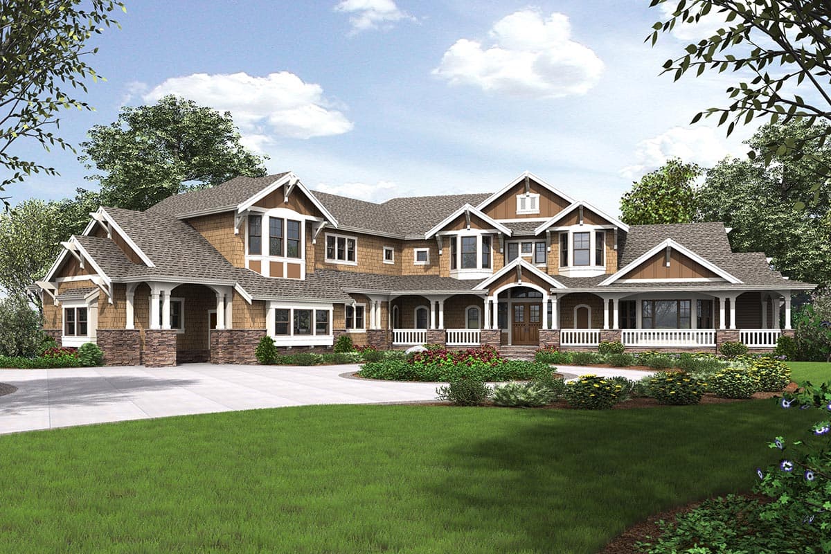Craftsman house plan exterior with multiple gables, stone accents, a wrap-around porch with white railings, and a porte-cochère.