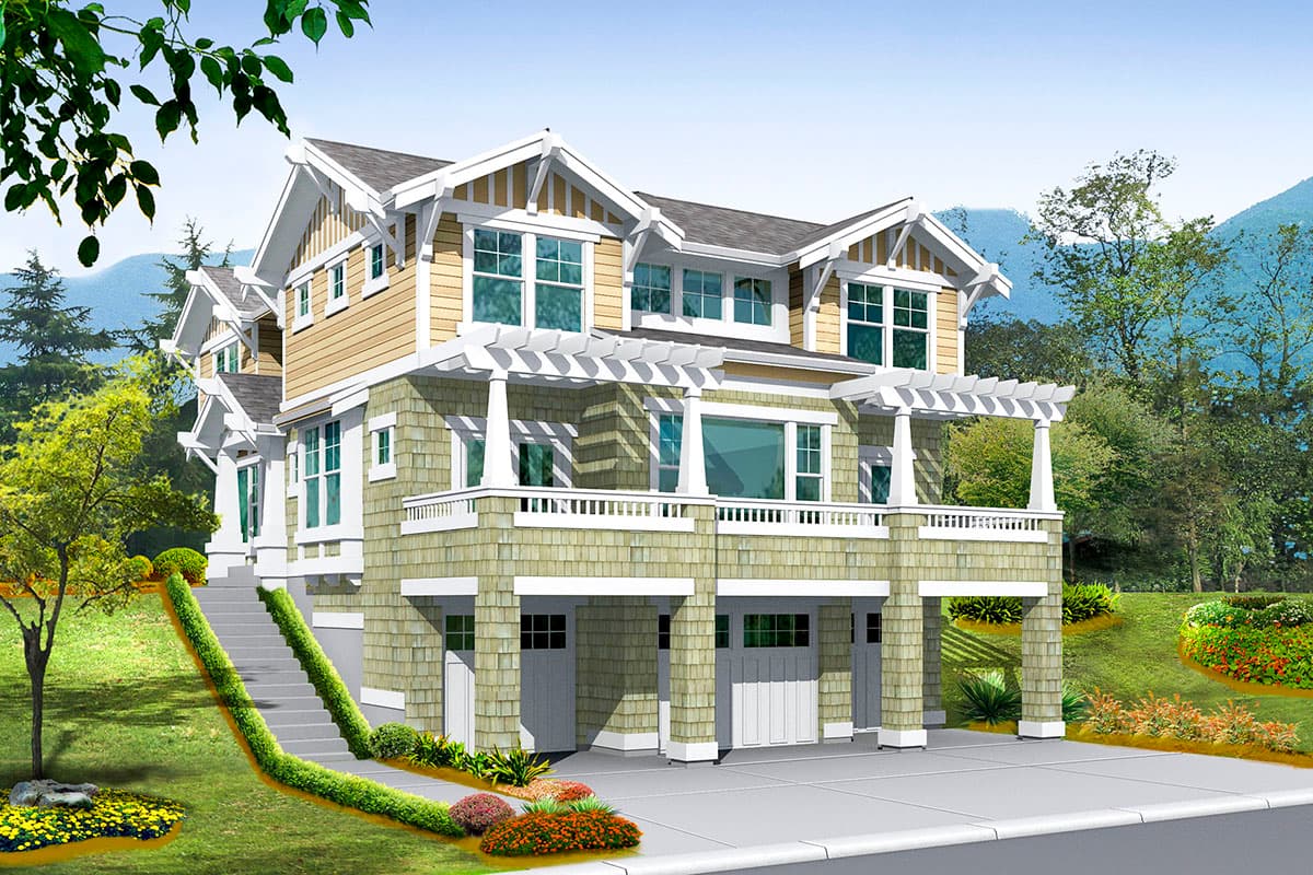 House plan exterior rendering. Two-story Craftsman home with pergola, multiple gables, and a lower level garage with exposed supports.