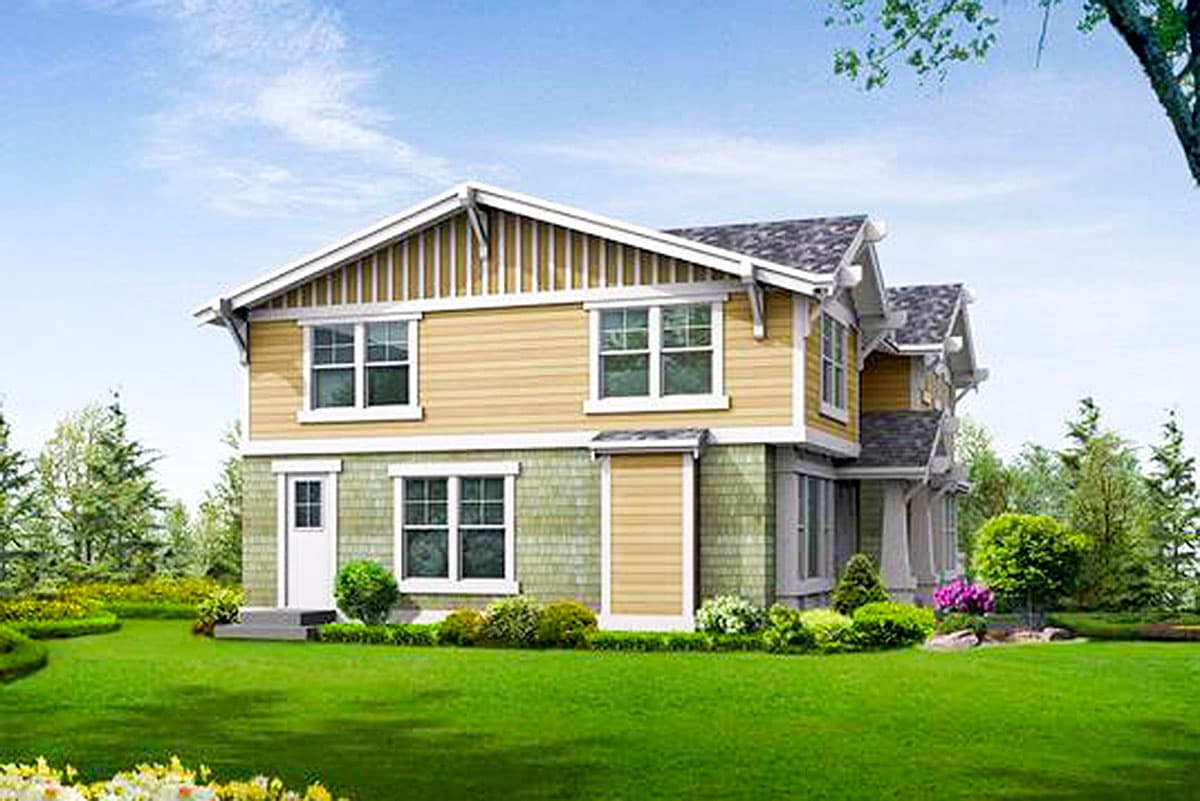 House plan exterior of a two-story home with gables, large windows, and mixed siding. Architectural design.