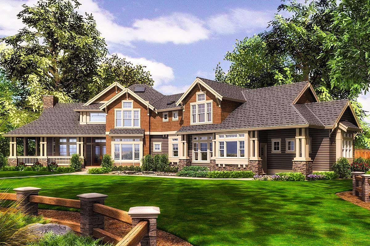 Craftsman style house plan exterior, two stories, featuring a wrap-around porch, multiple gables, and stone accents.