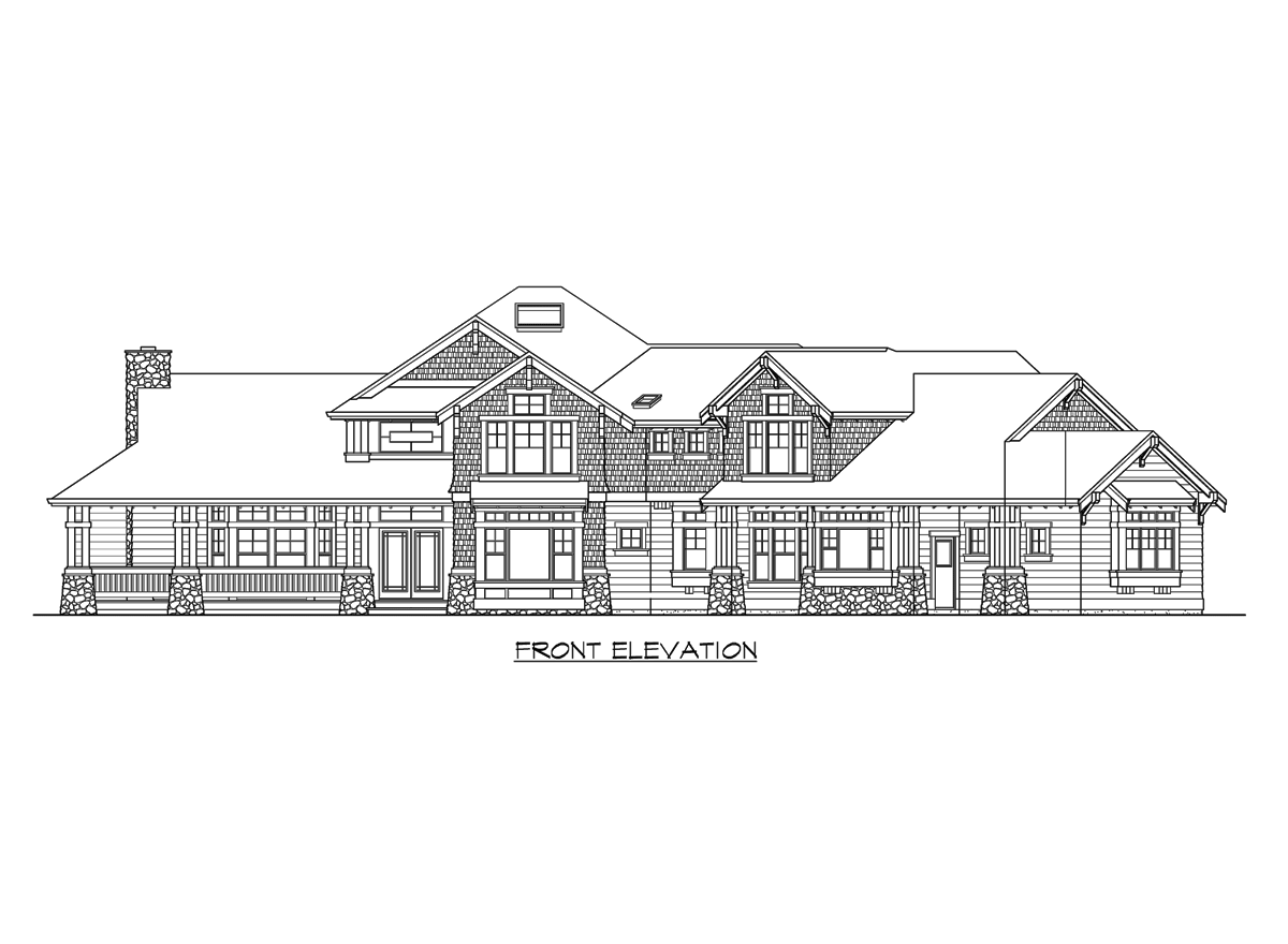 Front elevation drawing of a two-story house plan with a wrap-around porch, gables, dormers, and stone accents.