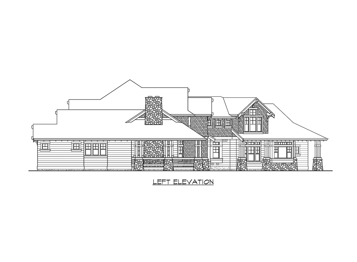 Craftsman house plan left elevation with stone chimney, covered porch, dormers, and varied rooflines.