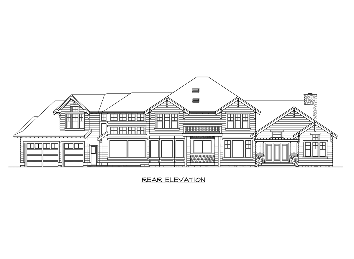 Rear elevation house plan with a multi-level roof, dormers, stone chimney, and a three-car garage.