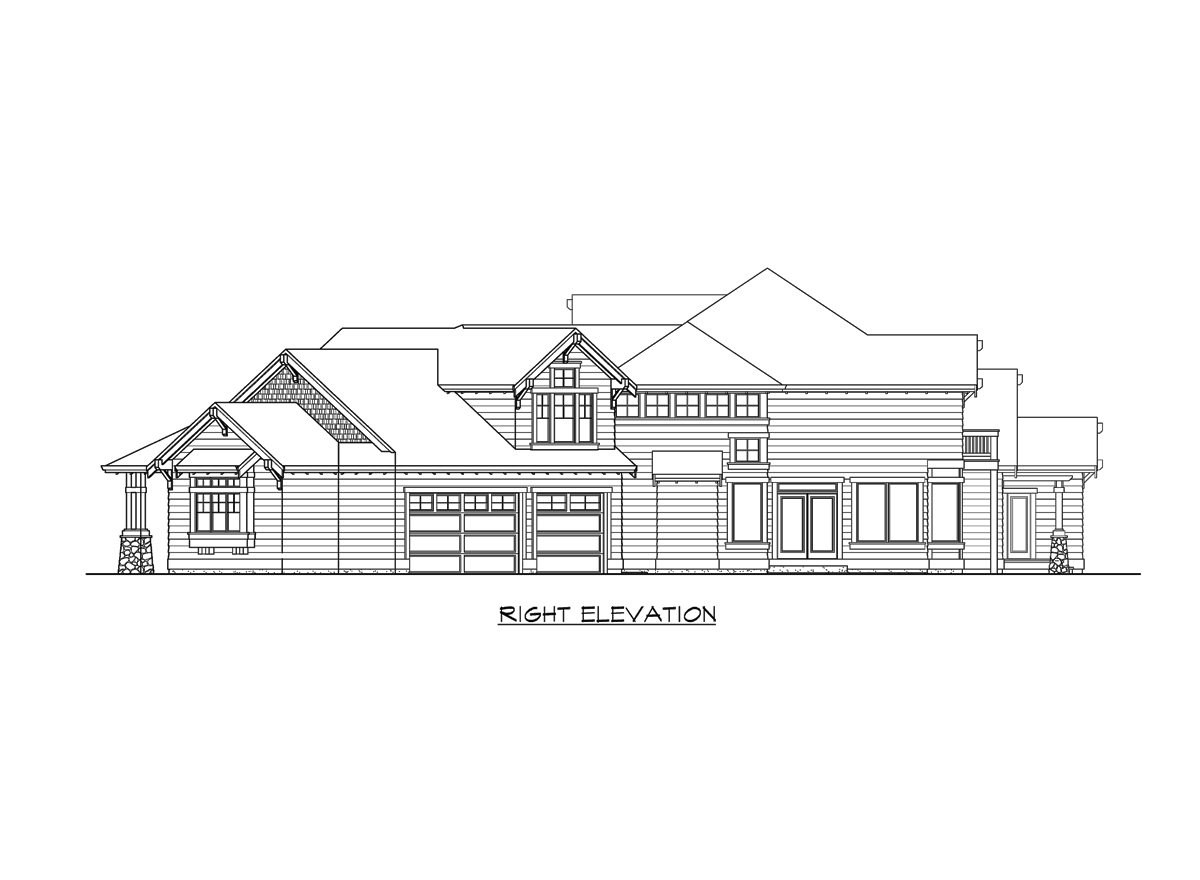 Right elevation house plan showing a two-story home with a three-car garage, gables, and stone accents.