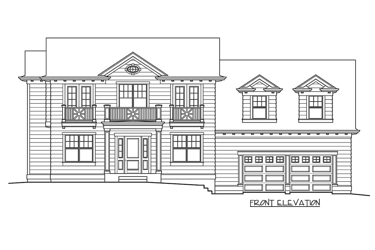 Front elevation drawing of a two-story house with a covered porch, balconies, dormers, and a three-car garage.