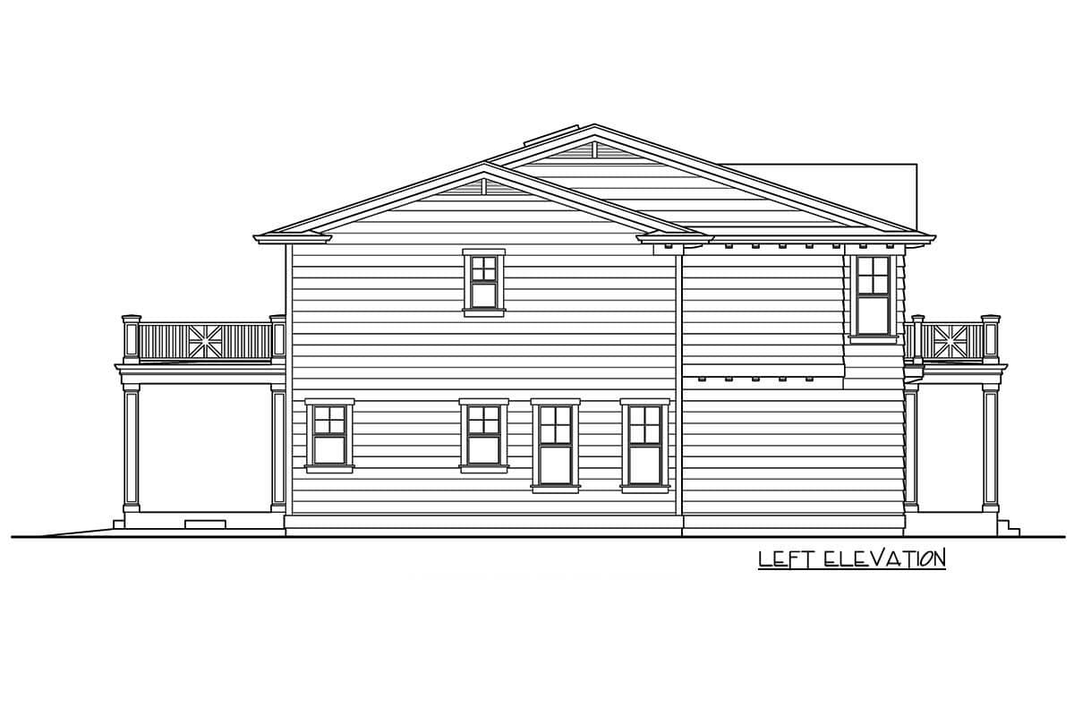 Left elevation house plan showing siding, multiple windows, and covered porch with decorative railing.