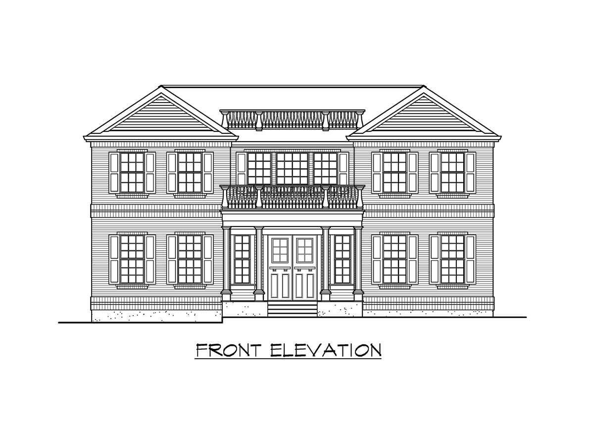 Front elevation drawing of a two-story house with symmetrical windows, a central balcony, and a pedimented entrance.