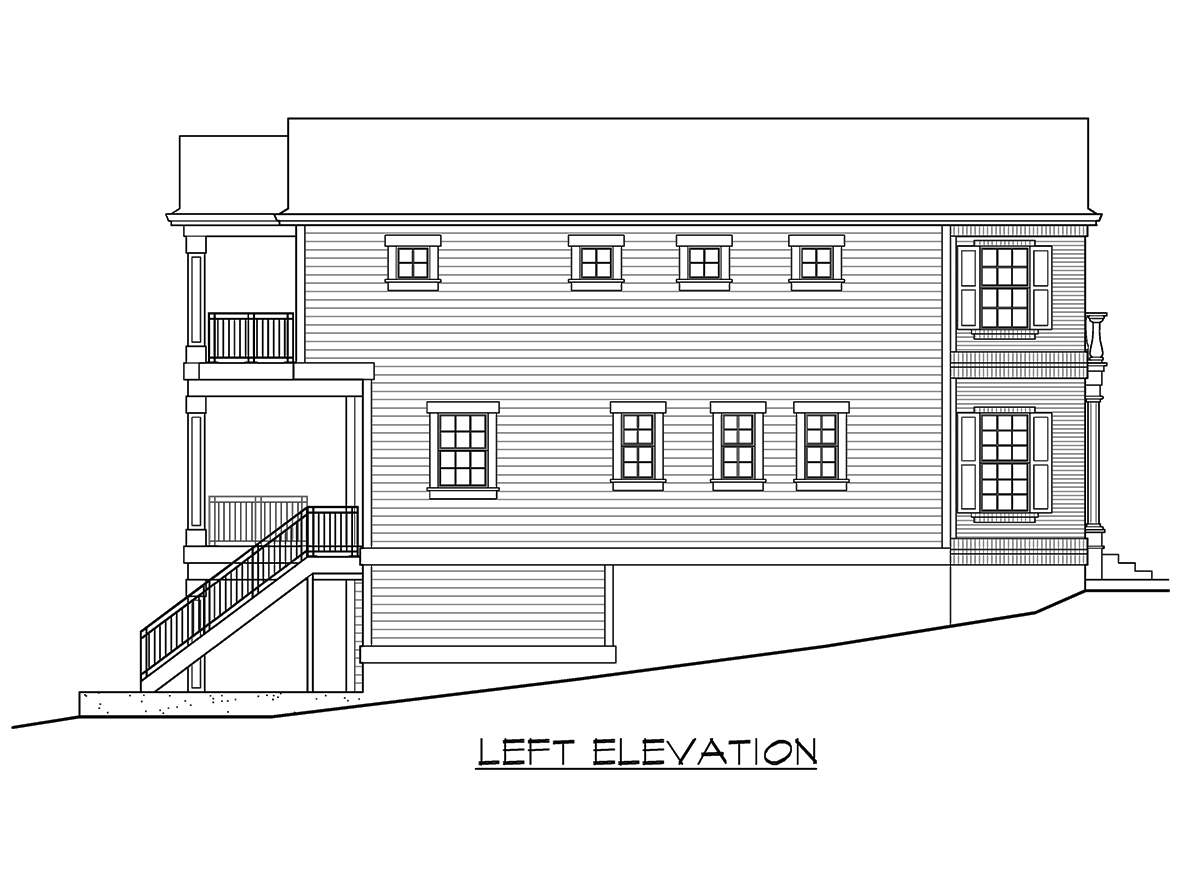Left elevation drawing of a two-story house plan with double porches, exterior stairs, and multiple windows.