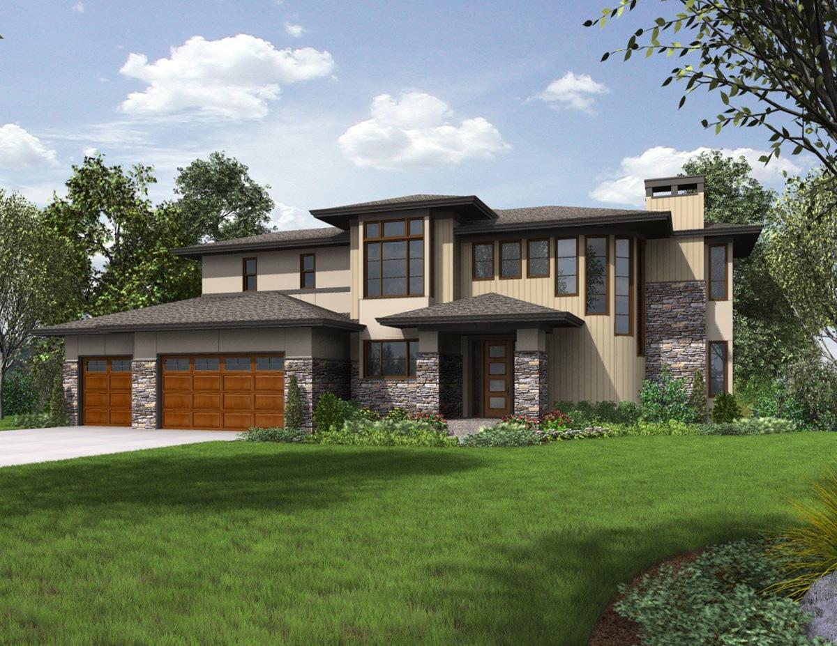 Modern two-story house plan exterior with stone accents, multiple gables, and a three-car garage.