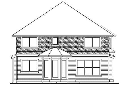 House plan exterior: two-story home with large gable roof, shingled second story, and octagonal entry porch.