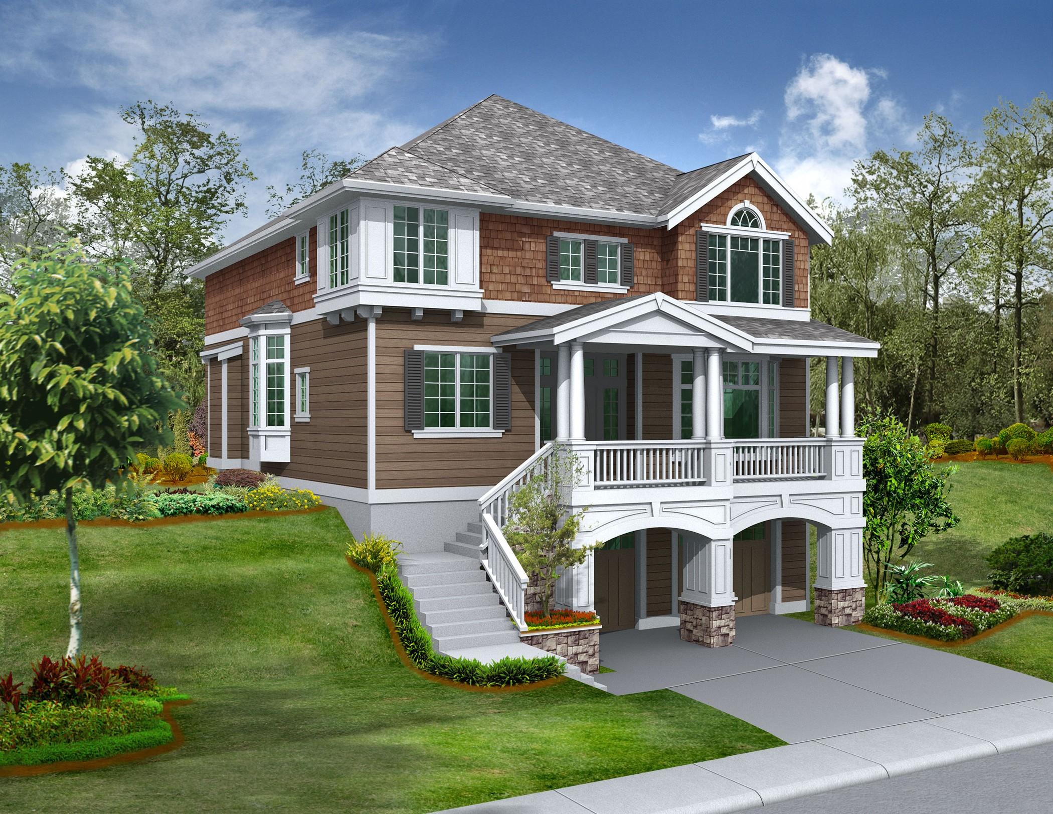 House plan exterior: two-story home with a covered front porch, bay windows, shake siding, and a prominent gable.