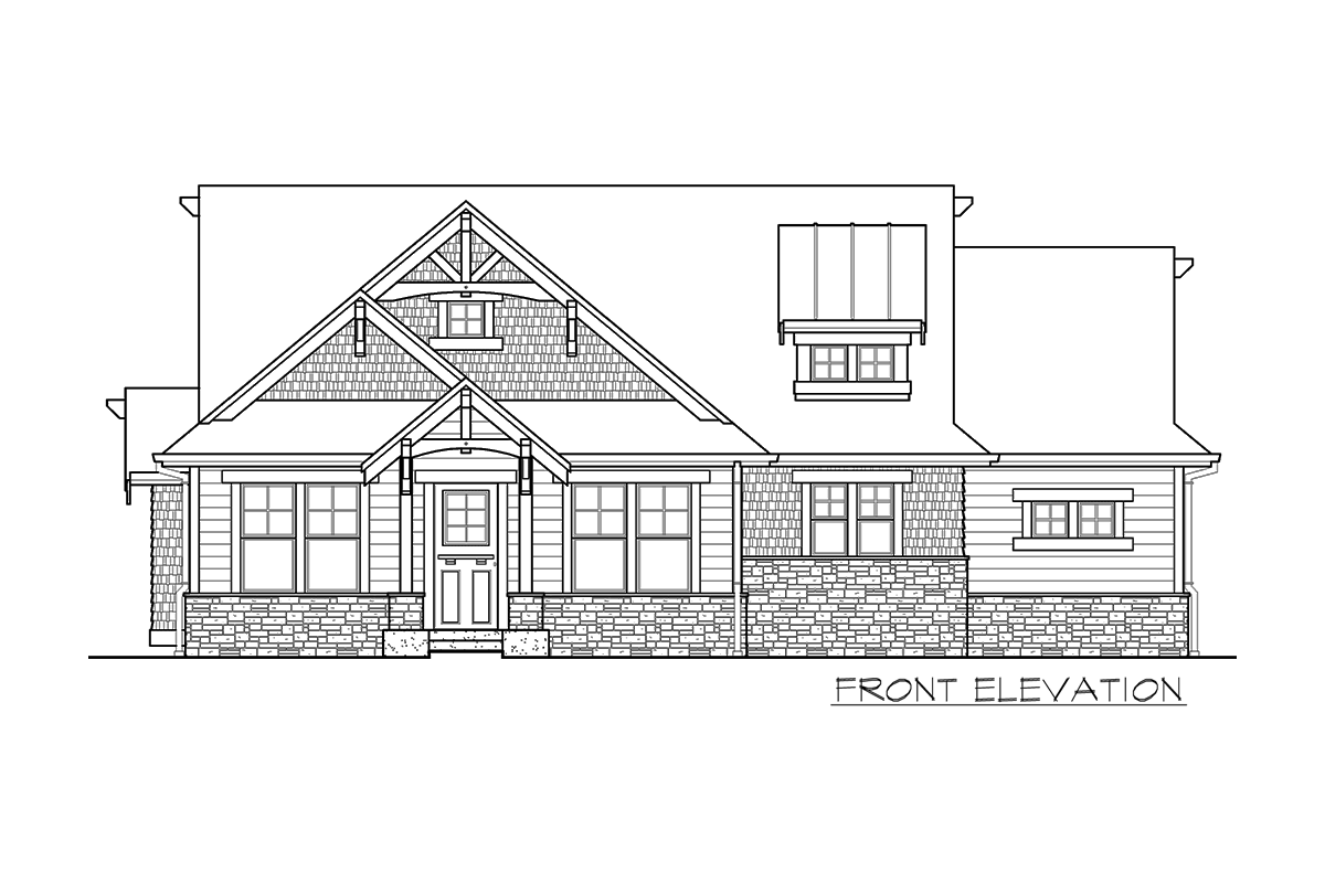 Front elevation drawing of a house plan with a prominent gable, stone foundation, and multiple windows.