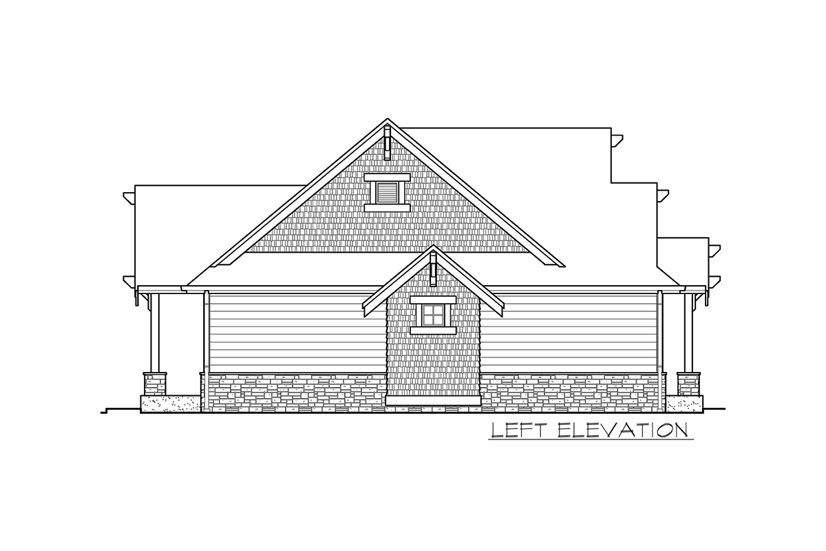 Left elevation of a house plan showing a gabled dormer, cedar shingle siding, and stone foundation.
