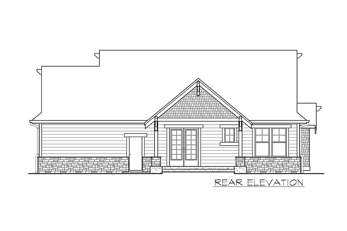 Rear elevation drawing of a house plan, featuring horizontal siding, a stone base, a prominent gable with shingle texture, and double doors.