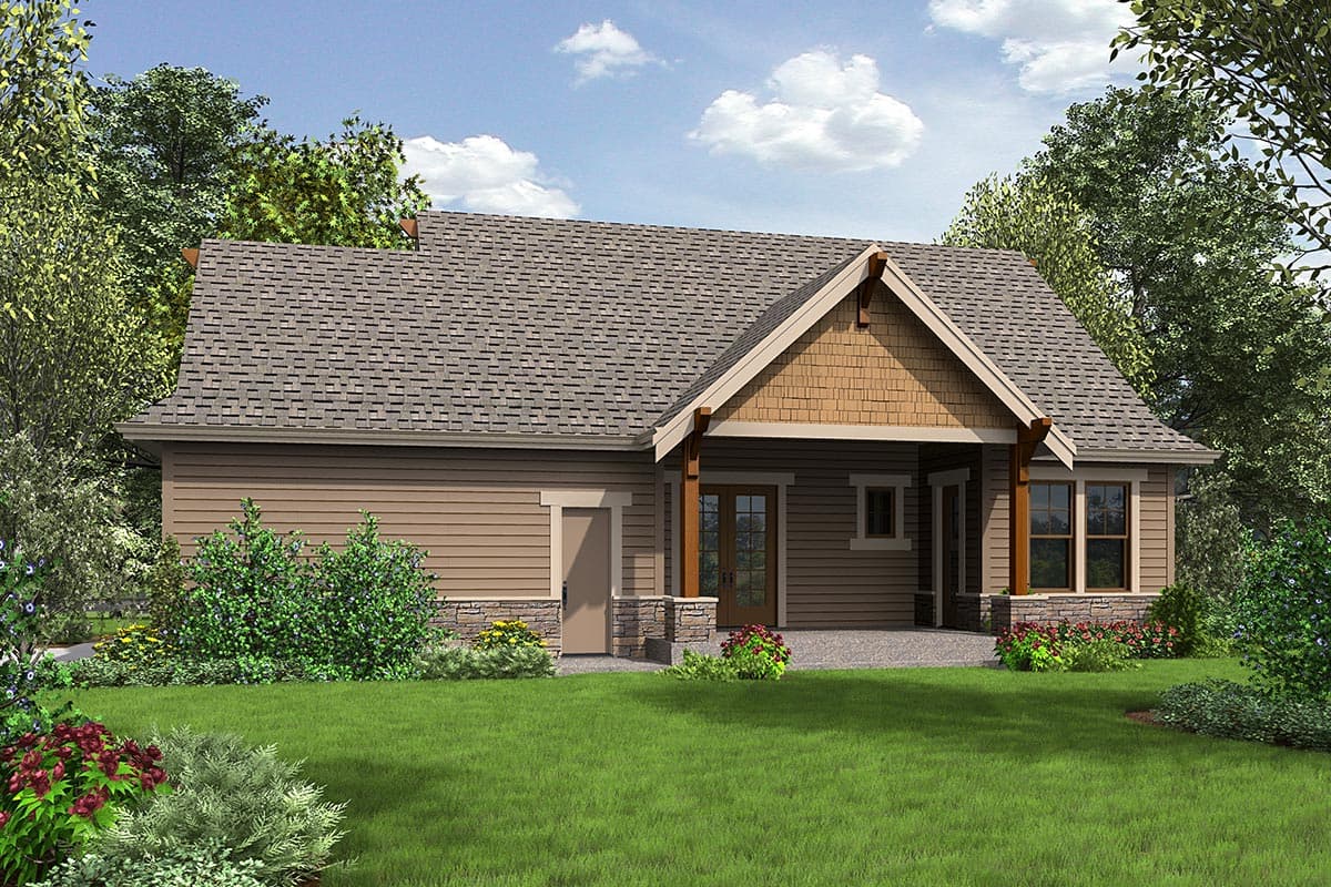 House plan exterior: Single-story, gable roof, covered entry with timber supports, stone foundation accents.