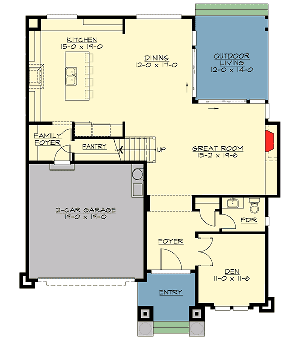 Plan 23573JD: 4 Bed Contemporary House Plan With Second Floor Front Deck - 2665 Sq Ft - Floor Plan - Main Level - Contemporary, Modern, Northwest