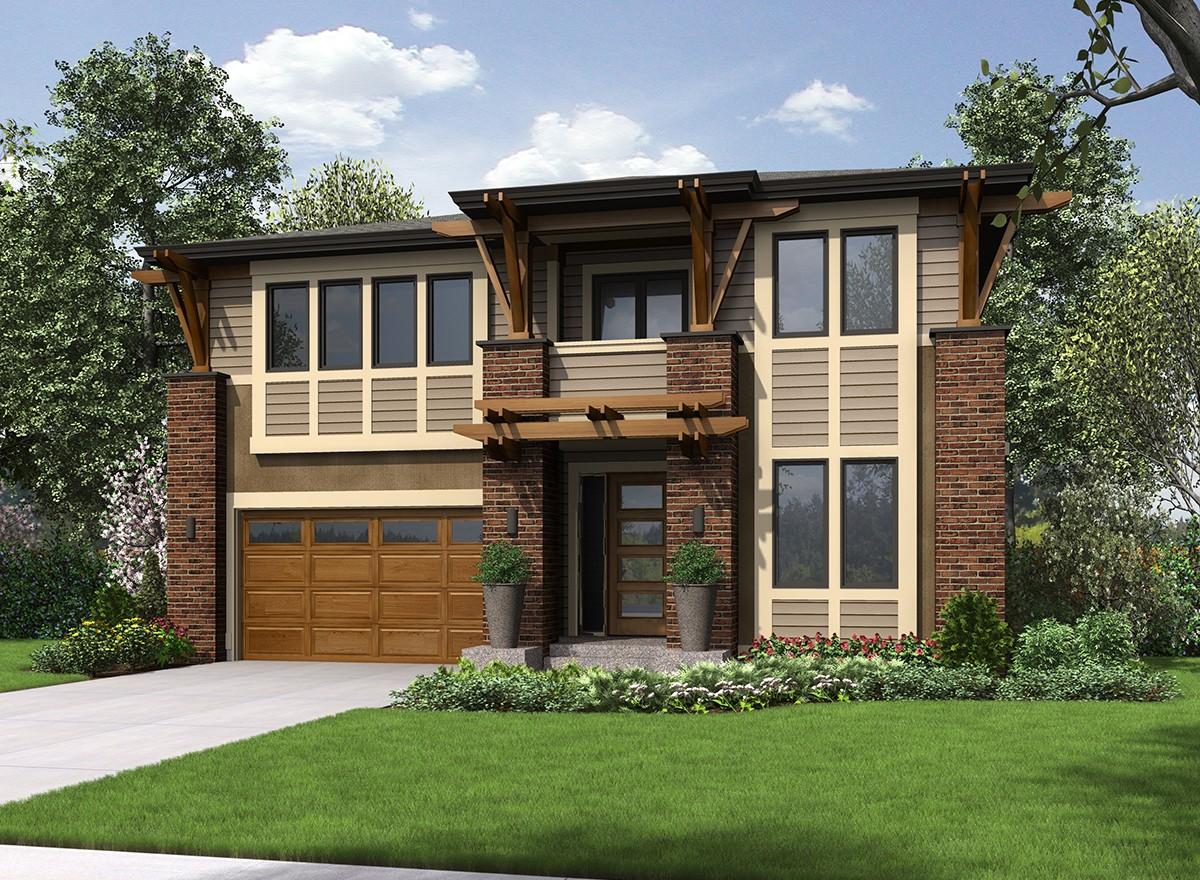 Modern house plan exterior with brick accents, wood garage door, multi-story windows, and timber-framed overhangs.