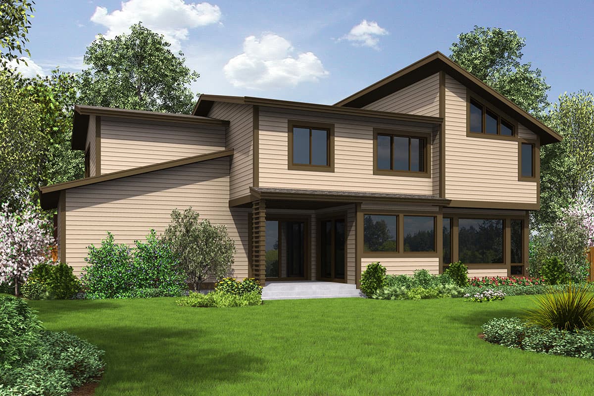 Modern two-story house plan exterior with layered rooflines, large windows, and a covered entry.