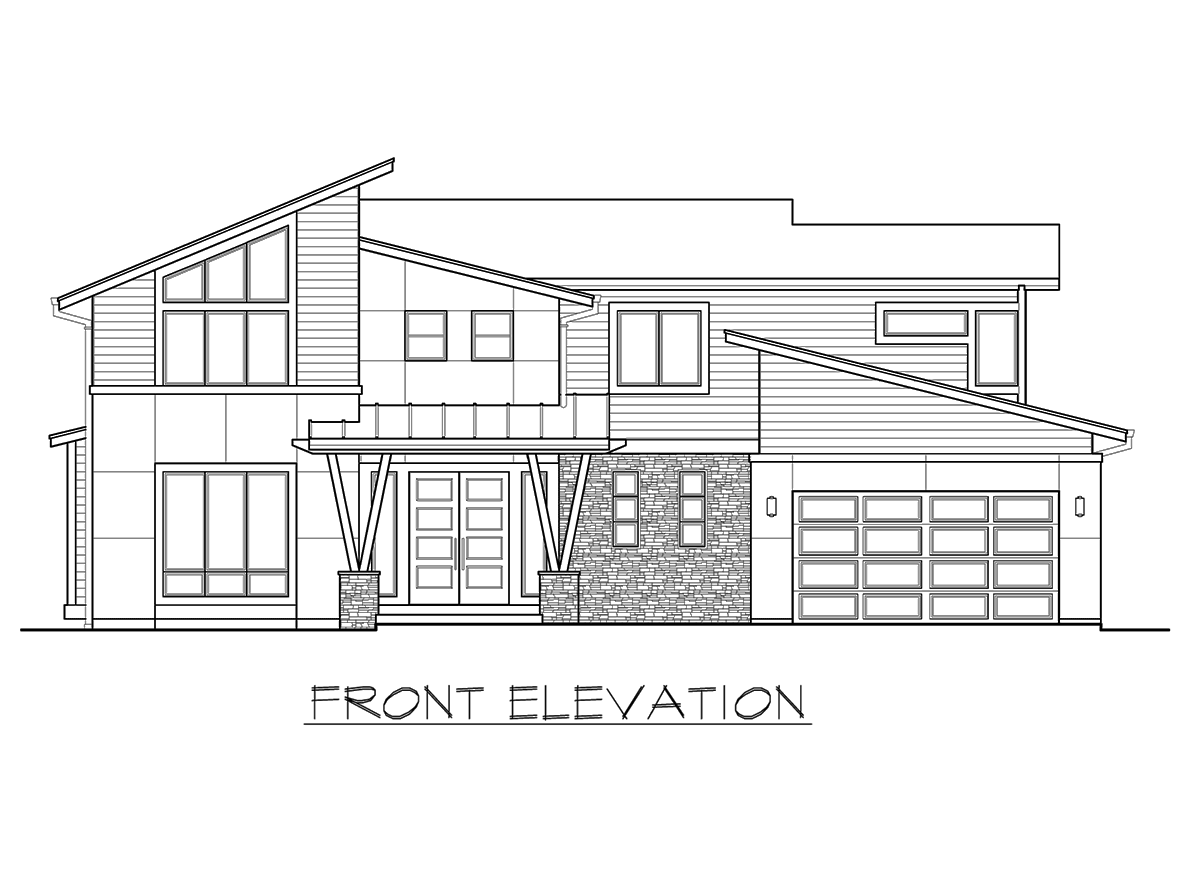 Front elevation of a two-story house plan featuring asymmetrical rooflines, stacked stone accents, a covered porch, and a two-car garage.