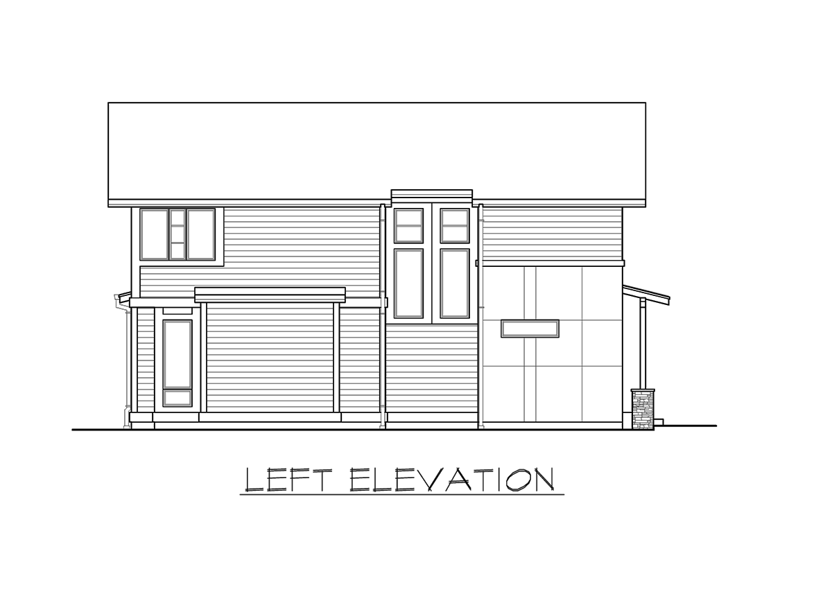Left elevation drawing of a two-story house with horizontal siding, multiple windows, a covered entry, and a sloped roof.